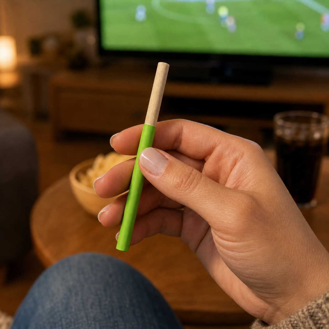 Holding CHEWZ STIX while watching a game