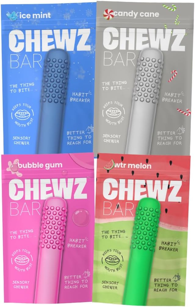 Sensory Fidget Stick, Mix 4 Pack, Wellness Oral Fixation Tool, Stress Relief Silicone Chewer Accessory