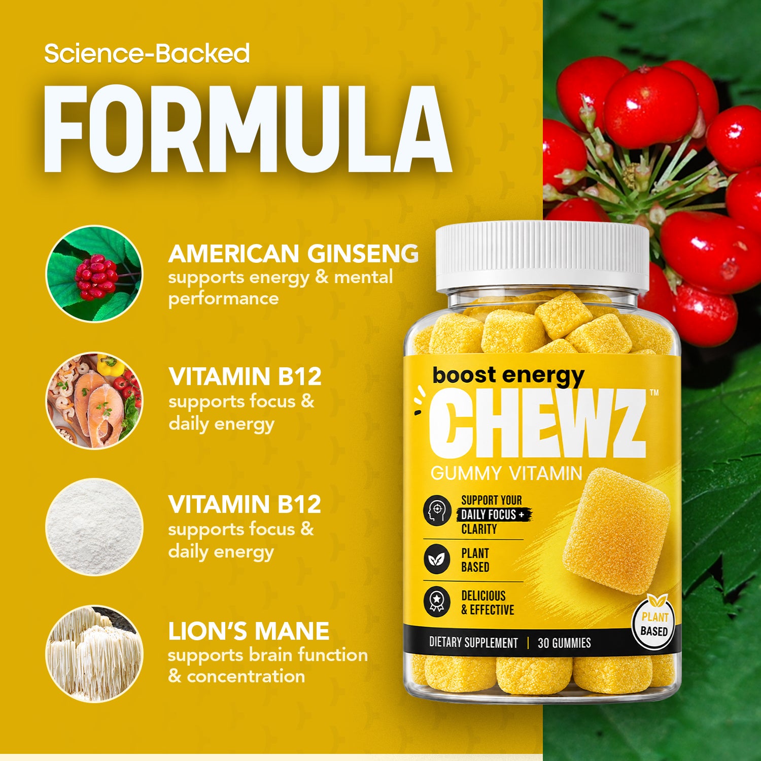 Daily Focus & Energy Gummies — American Ginseng, Vitamin B12 | CHEWZ