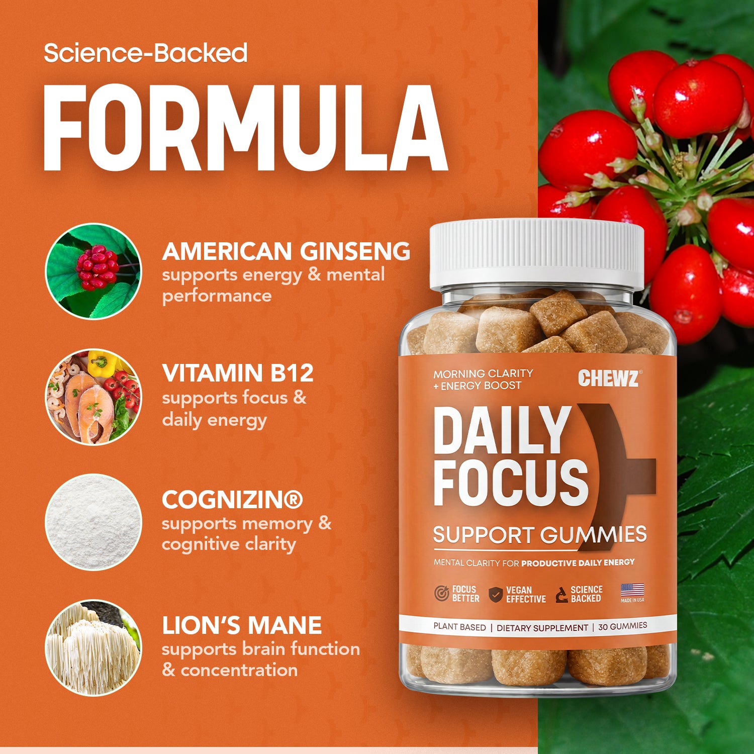 Daily Focus & Energy Gummies — American Ginseng, Vitamin B12 | CHEWZ