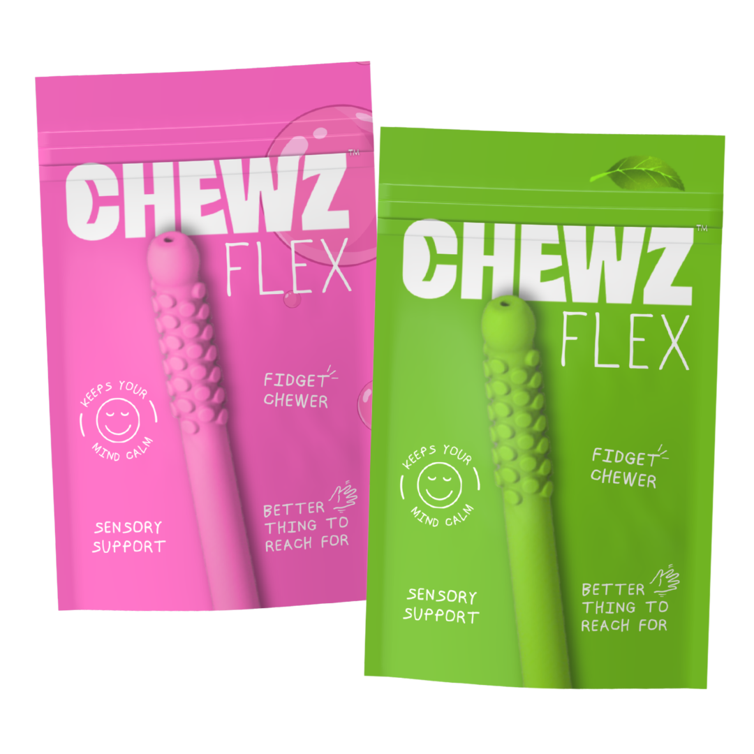 CHEWZ FLEX pink and green fidget chewers with matching pouches