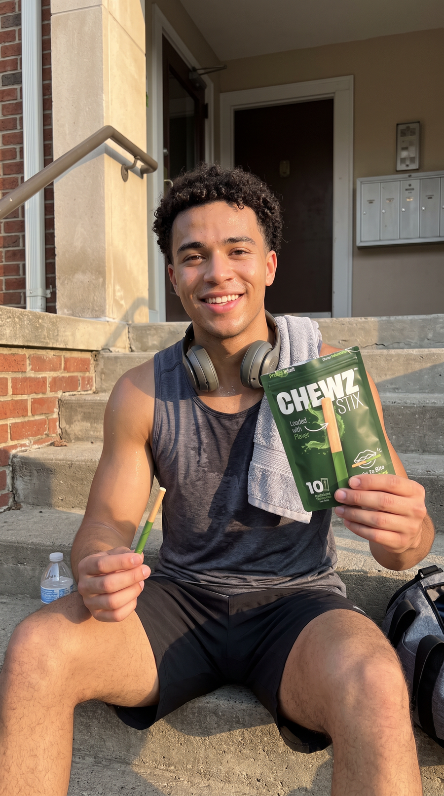 Person holding CHEWZ STIX and a pouch after a workout