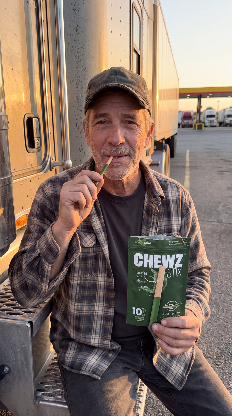 Person holding CHEWZ STIX and a Fresh Mint pouch beside a truck