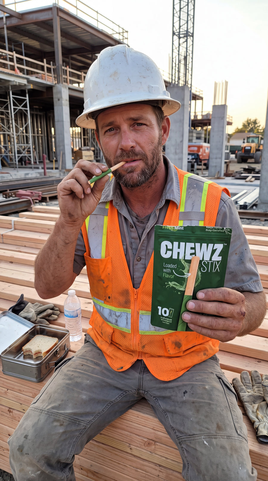Person holding CHEWZ STIX and a Fresh Mint pouch at a work site