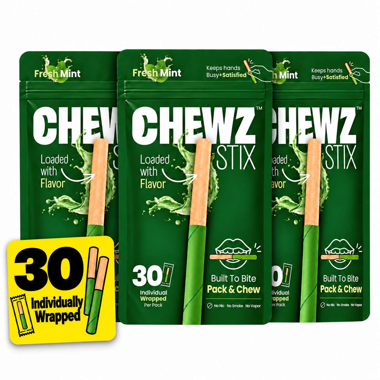 CHEWZ STIX Chewable Birchwood Fidget Tool (3 Pack, 30 STIX) - FRESH MINT